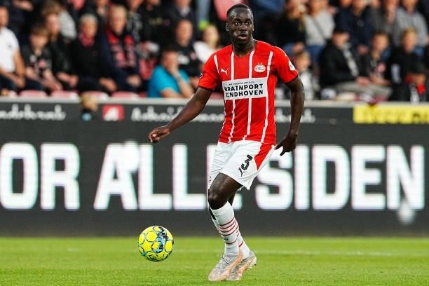 Jordan Teze of PSV during the UEFA Champions League - Third qualifying round match between FC Midtjylland and PSV at MCH Arena on August 10, 2021 in...