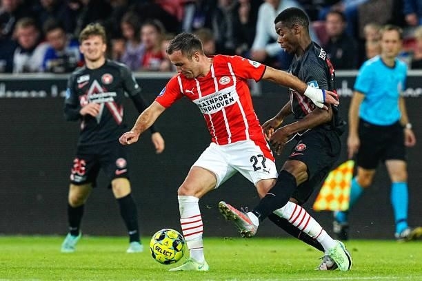 Mario Gotze of PSV during the UEFA Champions League - Third qualifying round match between FC Midtjylland and PSV at MCH Arena on August 10, 2021 in...