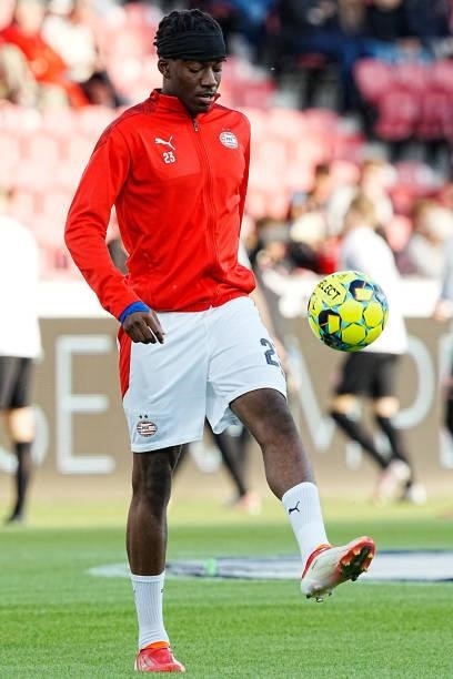 Noni Madueke of PSV during the UEFA Champions League - Third qualifying round match between FC Midtjylland and PSV at MCH Arena on August 10, 2021 in...