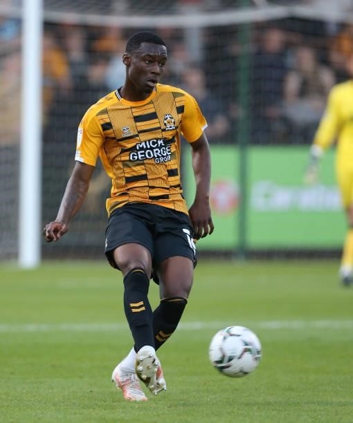 Jubril Okedina of Cambridge United in action during the Carabao Cup 1st Round match between Cambridge United and Swindon Town at Abbey Stadium on...
