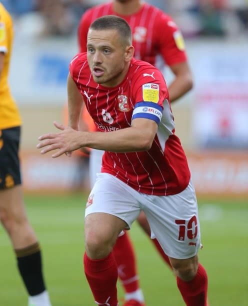 Jack Payne of Swindon Town in action during the Carabao Cup 1st Round match between Cambridge United and Swindon Town at Abbey Stadium on August 10,...