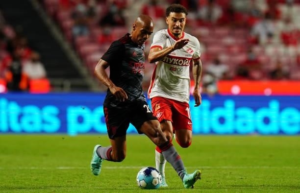 Joao Mario of SL Benfica with Jordan Larsson of Spartak Moskva in action during the UEFA Champions League : Third Qualifying Round Leg Two match...