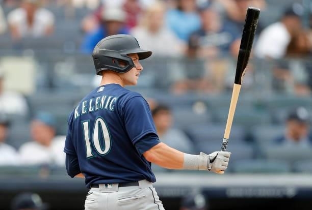 Jarred Kelenic of the Seattle Mariners in action against the New York Yankees at Yankee Stadium on August 07, 2021 in New York City. The Yankees...