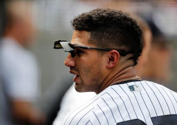 Gleyber Torres of the New York Yankees in action against the Seattle Mariners at Yankee Stadium on August 07, 2021 in New York City. The Yankees...