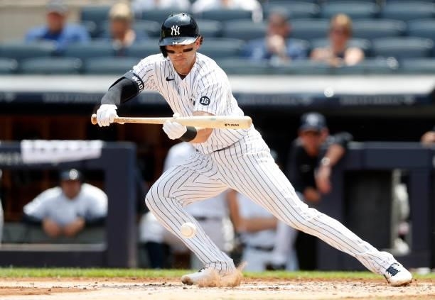 Tyler Wade of the New York Yankees in action against the Seattle Mariners at Yankee Stadium on August 07, 2021 in New York City. The Yankees defeated...