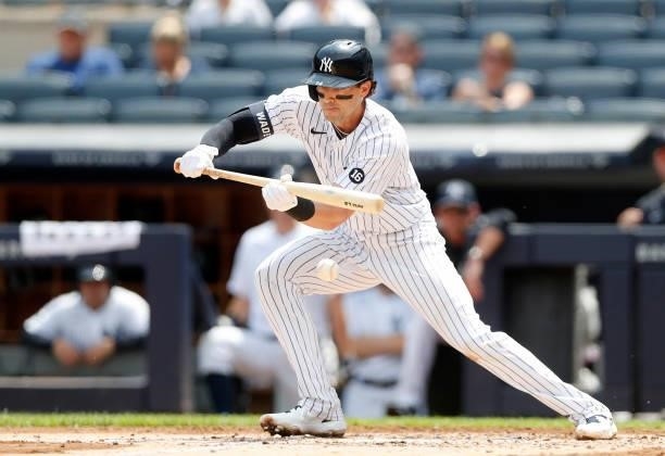 Tyler Wade of the New York Yankees in action against the Seattle Mariners at Yankee Stadium on August 07, 2021 in New York City. The Yankees defeated...