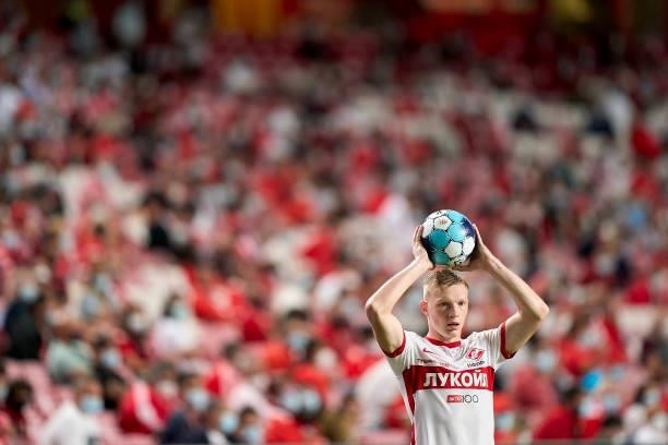 Nikolay Rasskazov of FC Spartak Moskva takes a throw in during the UEFA Champions League Third Qualifying Round Leg Two match between SL Benfica and...