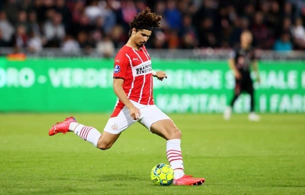 André Ramalho of PSV Eindhoven controls the ball during the UEFA Champions League third qualifying round second leg between FC Midtjylland and PSV...