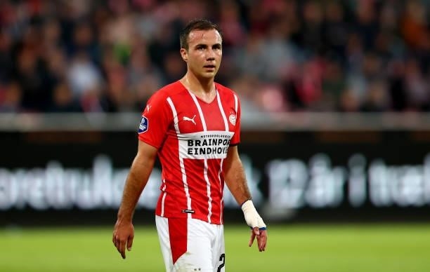 Mario Götze of PSV Eindhoven looks on during the UEFA Champions League third qualifying round second leg between FC Midtjylland and PSV Eindhoven at...