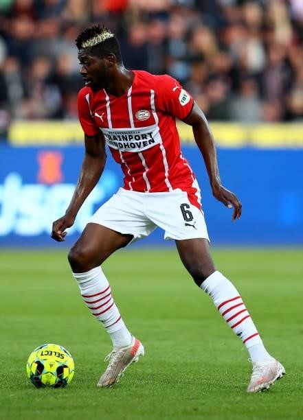 Ibrahim Sangaré of PSV Eindhoven controls the ball during the UEFA Champions League third qualifying round second leg between FC Midtjylland and PSV...