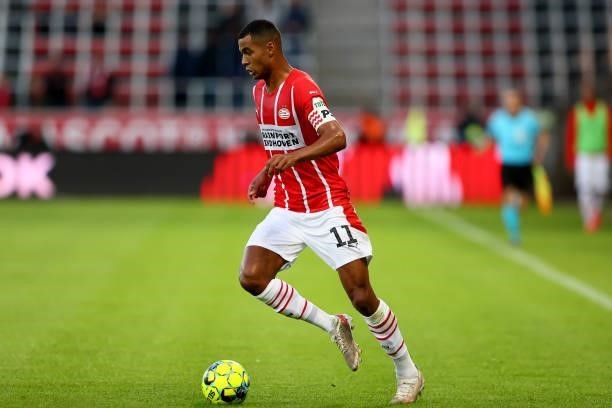 Cody Gakpo of PSV Eindhoven controls the ball during the UEFA Champions League third qualifying round second leg between FC Midtjylland and PSV...