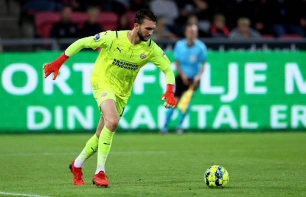 Joël Drommel, goalkeeper of PSV Eindhoven controls the ball during the UEFA Champions League third qualifying round second leg between FC Midtjylland...