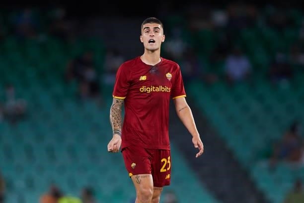 Gianluca Mancini of AS Roma looks on during a friendly match between Real Betis and AS Roma at Estadio Benito Villamarin on August 07, 2021 in...