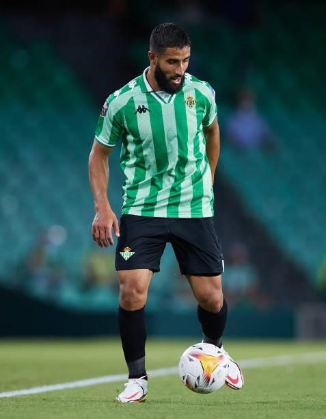 Nabil Fekir of Real Betis in action during a friendly match between Real Betis and AS Roma at Estadio Benito Villamarin on August 07, 2021 in...