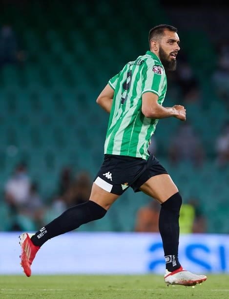 Borja Iglesias of Real Betis looks on during a friendly match between Real Betis and AS Roma at Estadio Benito Villamarin on August 07, 2021 in...