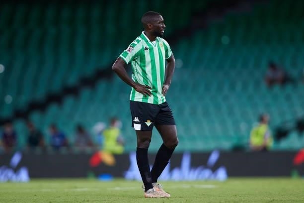 Yousuff Sabaly of Real Betis looks on during a friendly match between Real Betis and AS Roma at Estadio Benito Villamarin on August 07, 2021 in...