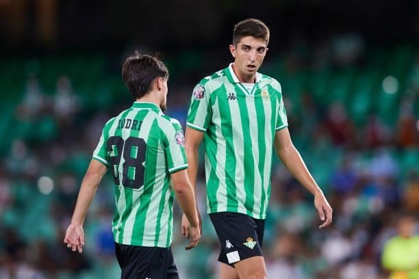 Edgar and Rodri Sanchez of Real Betis look on during a friendly match between Real Betis and AS Roma at Estadio Benito Villamarin on August 07, 2021...