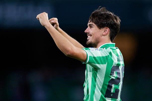 Rodri Sanchez of Real Betis celebrates scoring a goal during a friendly match between Real Betis and AS Roma at Estadio Benito Villamarin on August...
