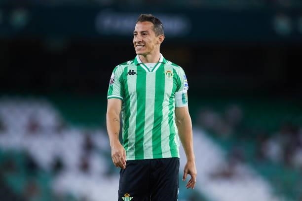 Andres Guardado of Real Betis looks on during a friendly match between Real Betis and AS Roma at Estadio Benito Villamarin on August 07, 2021 in...