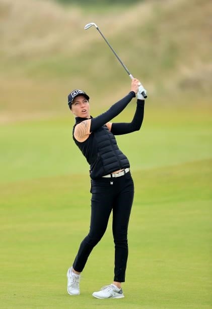 Sophia Popov of Germany plays a shot during the pro-am as a preview for the Trust Golf Women's Scottish Open at Dumbarnie Links on August 11, 2021 in...