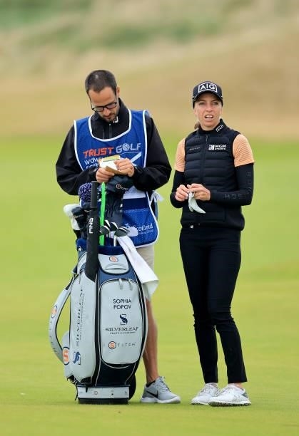 Sophia Popov of Germany prepares to play a shot during the pro-am as a preview for the Trust Golf Women's Scottish Open at Dumbarnie Links on August...