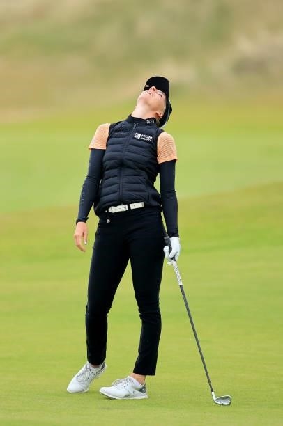 Sophia Popov of Germany reacts to a shot during the pro-am as a preview for the Trust Golf Women's Scottish Open at Dumbarnie Links on August 11,...