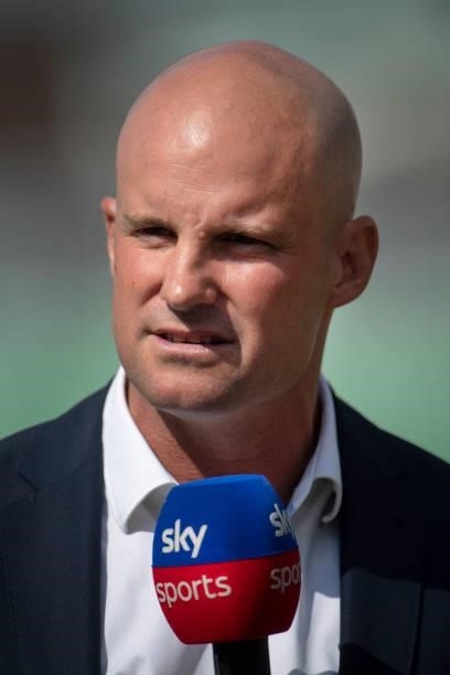 Former England captain Andrew Strauss commentates for Sky Sports before day one of the First Test Match between England and India at Trent Bridge on...