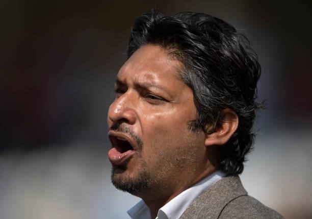 Former Sri Lankan cricketer Kumar Sangakkara commentates for Sky Sports before day one of the First Test Match between England and India at Trent...