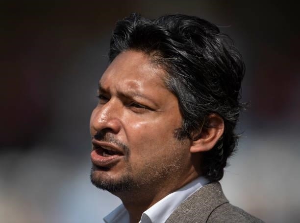 Former Sri Lankan cricketer Kumar Sangakkara commentates for Sky Sports before day one of the First Test Match between England and India at Trent...