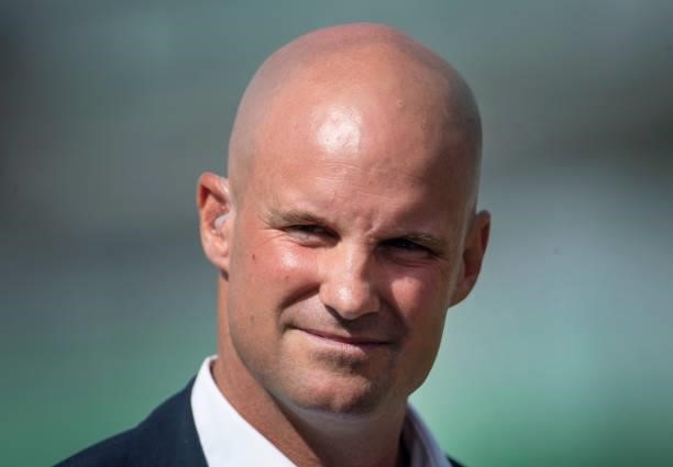 Former England captain Andrew Strauss commentates for Sky Sports before day one of the First Test Match between England and India at Trent Bridge on...