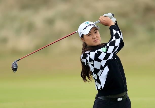 Minjee Lee of Australia plays a shot during the pro-am as a preview for the Trust Golf Women's Scottish Open at Dumbarnie Links on August 11, 2021 in...