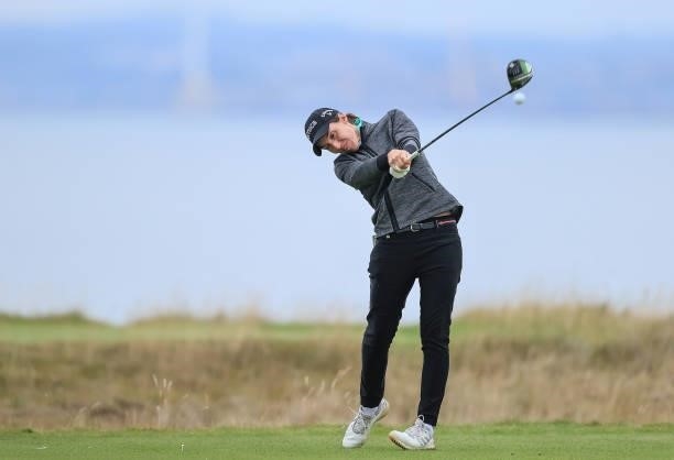 Carlota Ciganda of Spain plays a shot during the pro-am as a preview for the Trust Golf Women's Scottish Open at Dumbarnie Links on August 11, 2021...