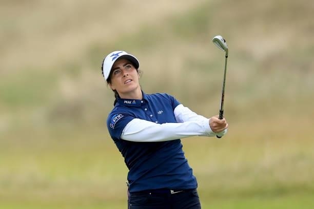 Kelsey Macdonald of Scotland plays a shot during the pro-am as a preview for the Trust Golf Women's Scottish Open at Dumbarnie Links on August 11,...