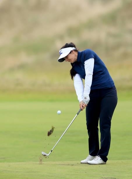 Kelsey Macdonald of Scotland plays a shot during the pro-am as a preview for the Trust Golf Women's Scottish Open at Dumbarnie Links on August 11,...