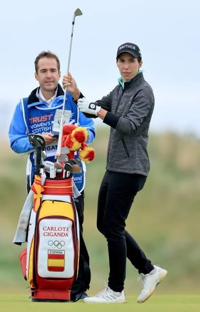Carlota Ciganda of Spain prepares to play a shot during the pro-am as a preview for the Trust Golf Women's Scottish Open at Dumbarnie Links on August...