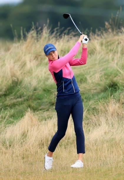 Esther Henseleit of Germany plays a shot during the pro-am as a preview for the Trust Golf Women's Scottish Open at Dumbarnie Links on August 11,...