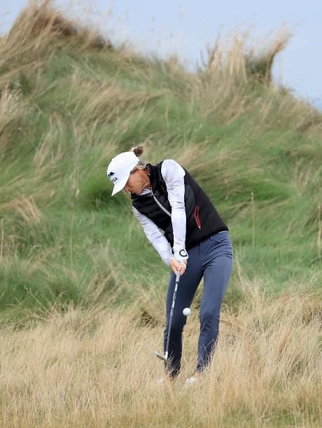 Mel Reid of England plays a shot during the pro-am as a preview for the Trust Golf Women's Scottish Open at Dumbarnie Links on August 11, 2021 in...