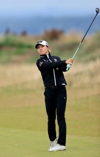 Lydia Ko of New Zealand plays a shot during the pro-am as a preview for the Trust Golf Women's Scottish Open at Dumbarnie Links on August 11, 2021 in...