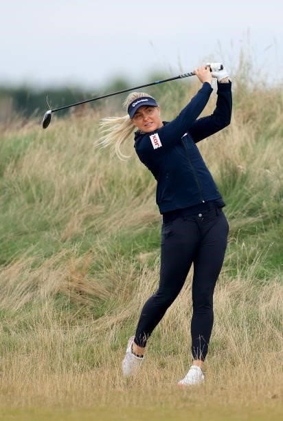 Charley Hull of England plays a shot during the pro-am as a preview for the Trust Golf Women's Scottish Open at Dumbarnie Links on August 11, 2021 in...