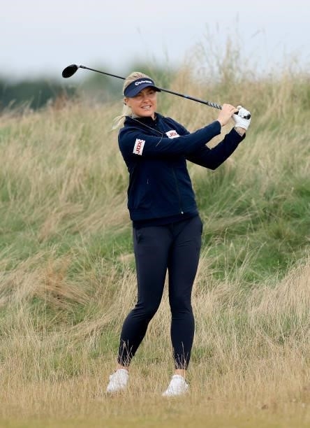 Charley Hull of England plays a shot during the pro-am as a preview for the Trust Golf Women's Scottish Open at Dumbarnie Links on August 11, 2021 in...