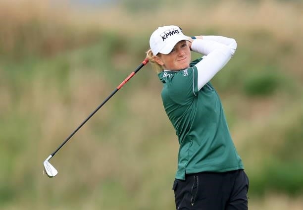 Stacy Lewis of The United States plays a shot during the pro-am as a preview for the Trust Golf Women's Scottish Open at Dumbarnie Links on August...