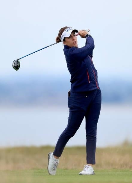 Georgia Hall of England plays a shot during the pro-am as a preview for the Trust Golf Women's Scottish Open at Dumbarnie Links on August 11, 2021 in...