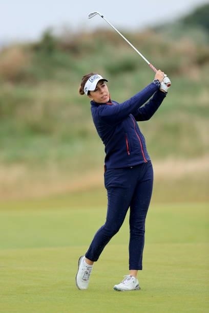 Georgia Hall of England plays a shot during the pro-am as a preview for the Trust Golf Women's Scottish Open at Dumbarnie Links on August 11, 2021 in...