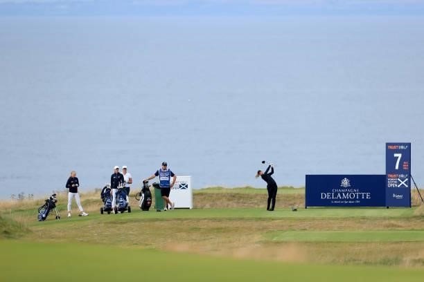 Emily Pederson of Denmark plays a shot during the pro-am as a preview for the Trust Golf Women's Scottish Open at Dumbarnie Links on August 11, 2021...