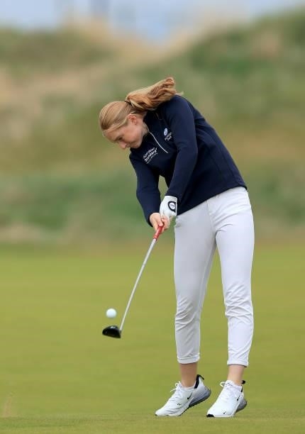 Louise Duncan of Scotland plays a shot during the pro-am as a preview for the Trust Golf Women's Scottish Open at Dumbarnie Links on August 11, 2021...