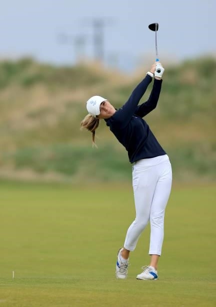 Hazel MacGarvie of Scotland plays a shot during the pro-am as a preview for the Trust Golf Women's Scottish Open at Dumbarnie Links on August 11,...