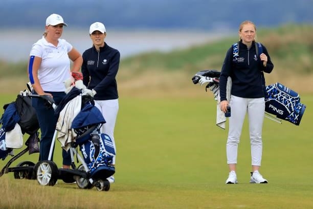 Chloe Goadby, Hazel MacGarvie and Louise Duncan the three young Scottish International players during the pro-am as a preview for the Trust Golf...