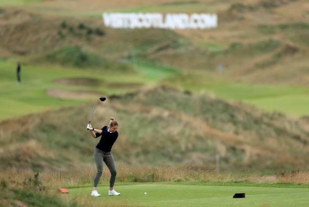 An amateur tees off during the pro-am as a preview for the Trust Golf Women's Scottish Open at Dumbarnie Links on August 11, 2021 in Leven, Scotland.