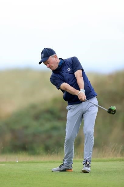 Alan Hogg of Scotland the Chief Executive of Kingsbarns Links plays a shot during the pro-am as a preview for the Trust Golf Women's Scottish Open at...