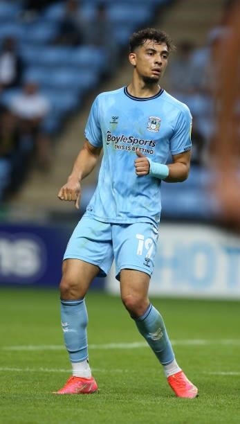Tyler Walker of Coventry City in action during the Carabao Cup 1st round match between Coventry City and Northampton Town at The Coventry Building...